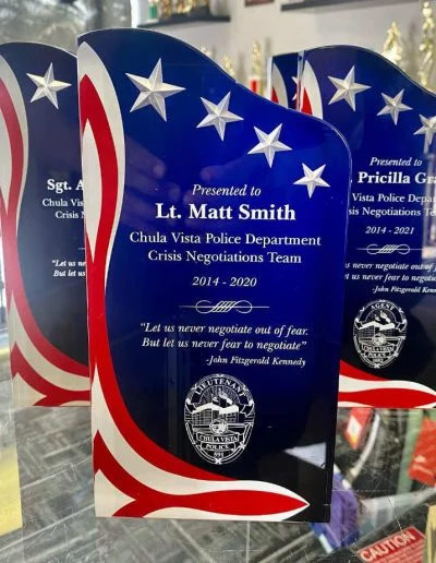 Several awards with patriotic red, white, and blue designs displayed on a shelf.