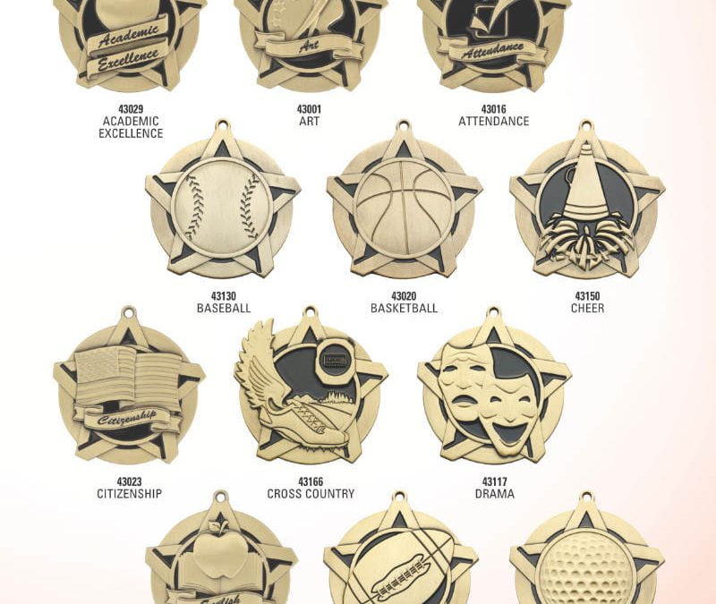 Various gold medals for academic and sports achievements, including baseball, basketball, drama, and golf.