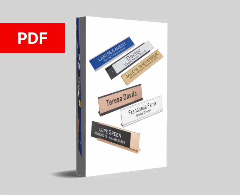 nct-pdf-00--badges- 3D book cover with PDF badge; features various nameplates, including "Teresa Davila" and "Lupe Green.